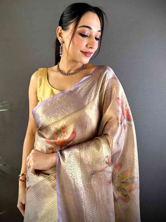 Stylish Lavender Self Gold Zari Floral Print Saree by My Store