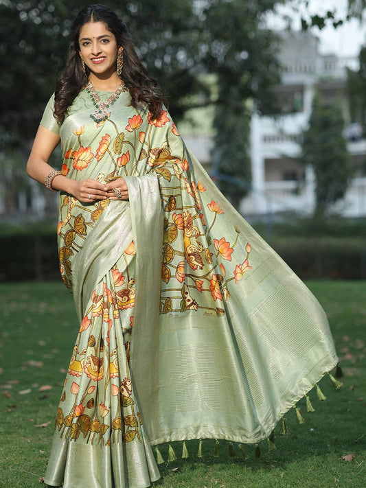 Pista Pure Viscose Dola Silk Saree With Pichwai And Mughal Print - Luxe by My Store