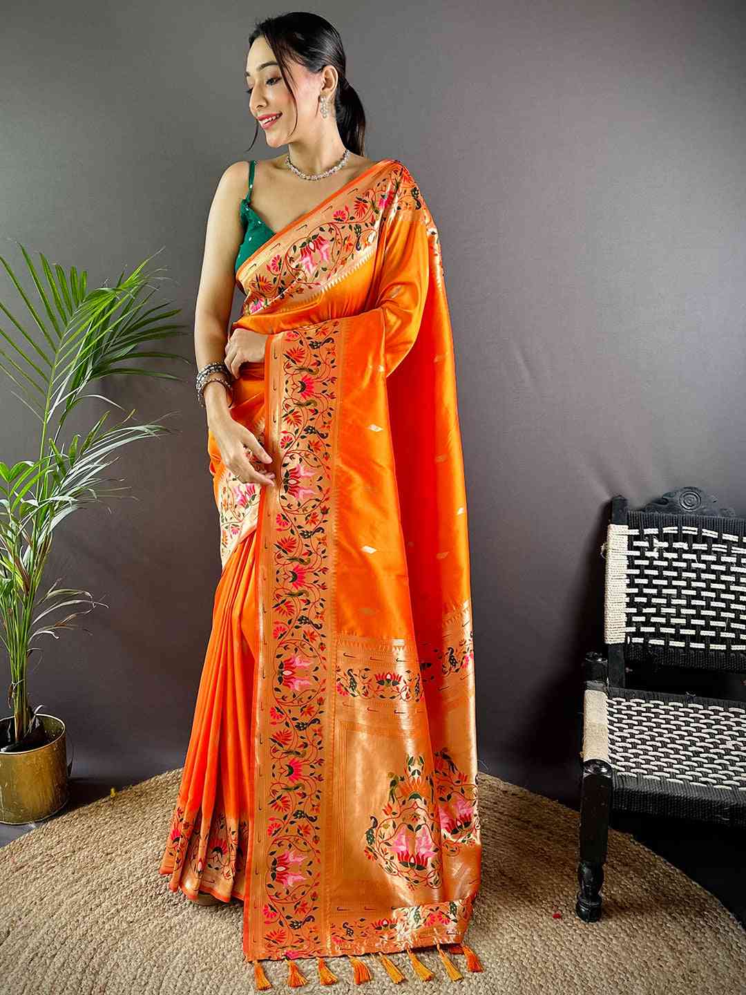 Orange Yevla Paithani Meenakari Saree by My Store
