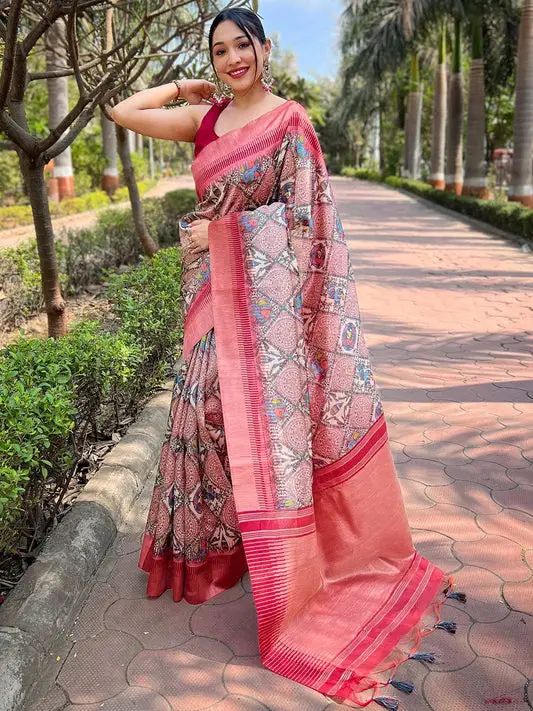 Trendy Slub Tussar Silk Madhubani Kalamkari Block Print Saree