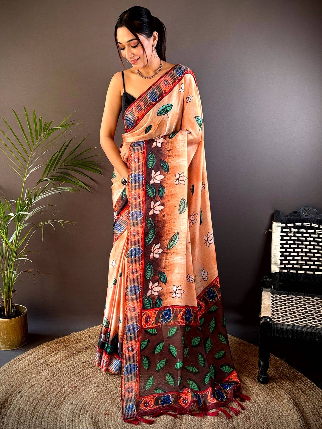 Orange Georgette Pichwai Print Saree by My Store