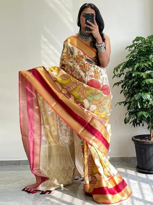 Multi Colour Soft Silk Kalamkari Saree by My Store