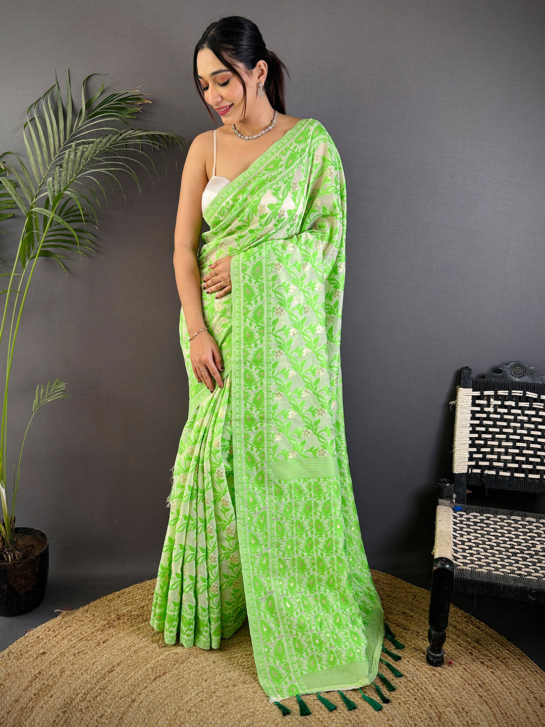 Green Soft Dhakai Jamdani Silk Saree by My Store