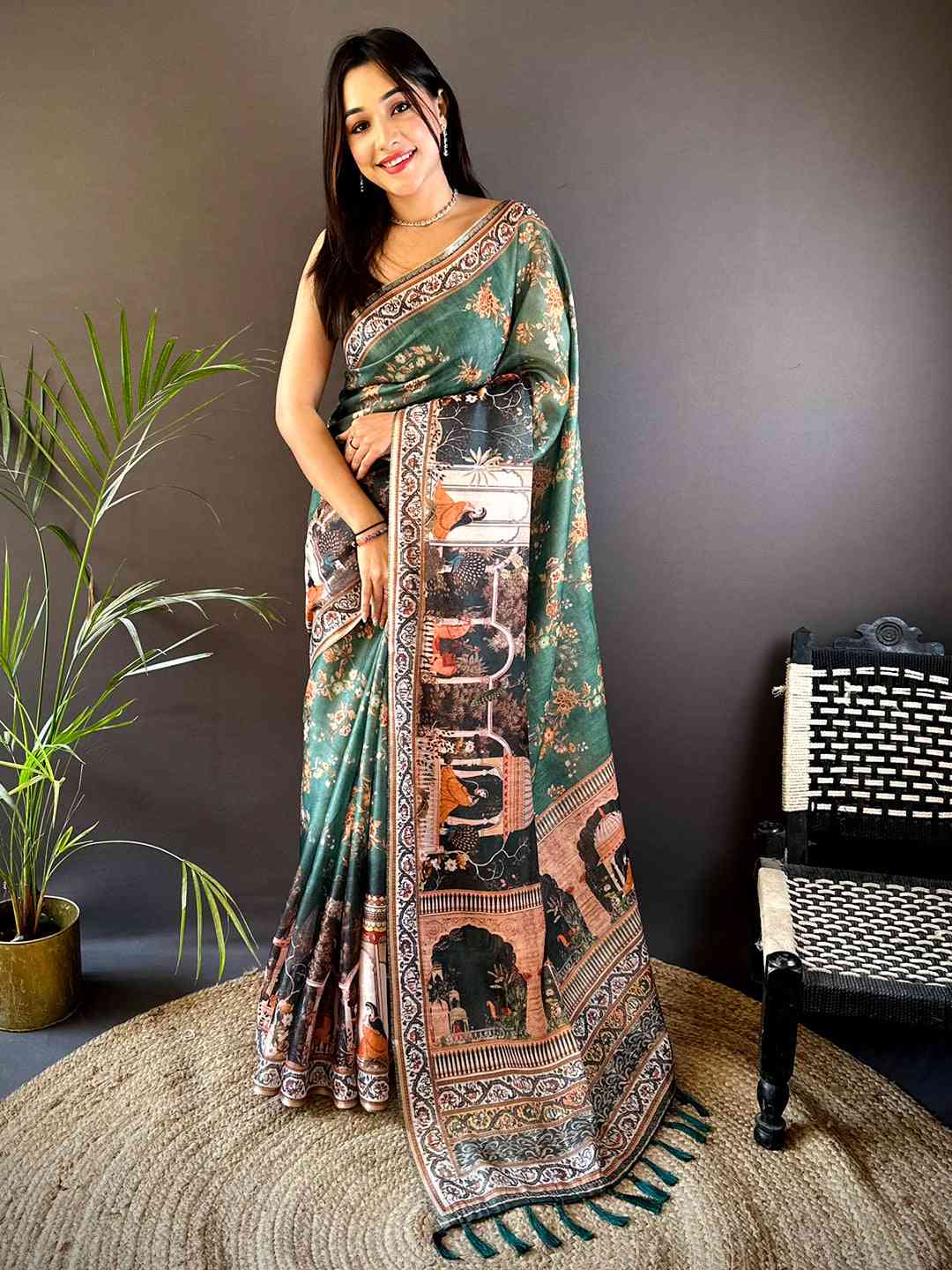 Bottle Green Tissue Chanderi Kalamkari Handprint Saree by My Store