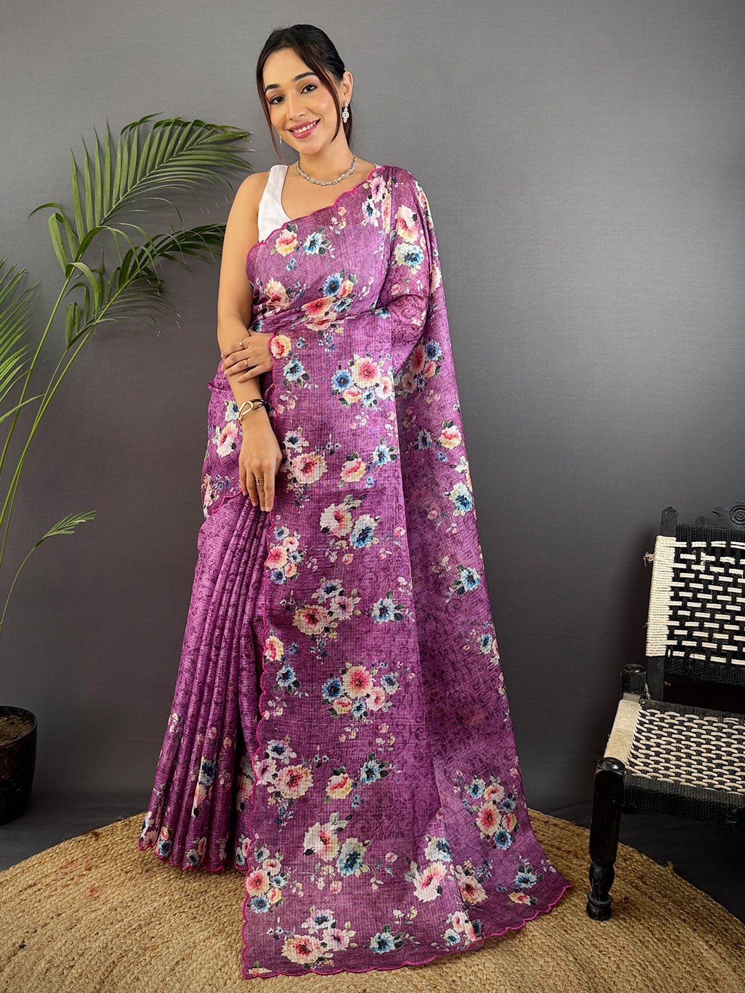 Lilac Purple Kota Doriya Floral Cut Work Saree by My Store