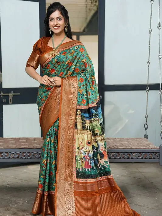 Turquoise Colour Pure Viscose Dola Silk Saree With Mughal Motifs - Luxe