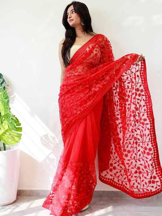 Elegant Saree Adorned with Ethnic Motifs, Intricate Threadwork, and Embellished Borders by My Store