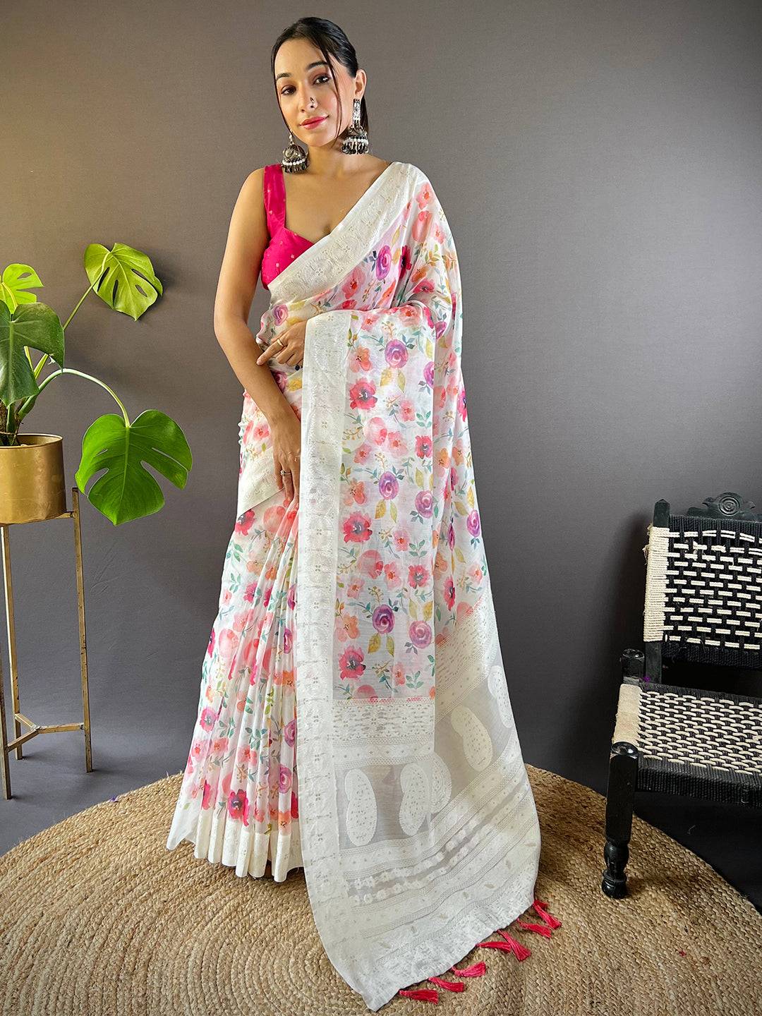 Multicolor Flower Digital Print Saree by My Store