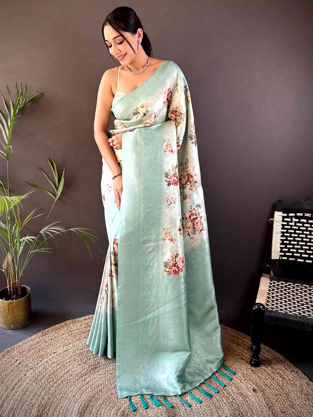 Mint Green Kanjivaram Digital Silk Saree by My Store