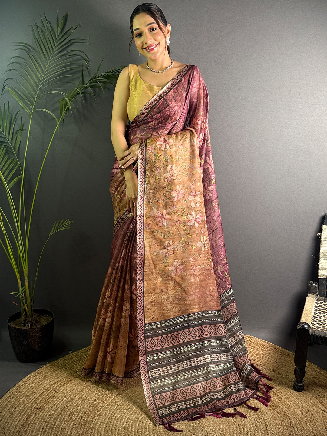 Maroon Linen Juth Digital Print Saree by My Store