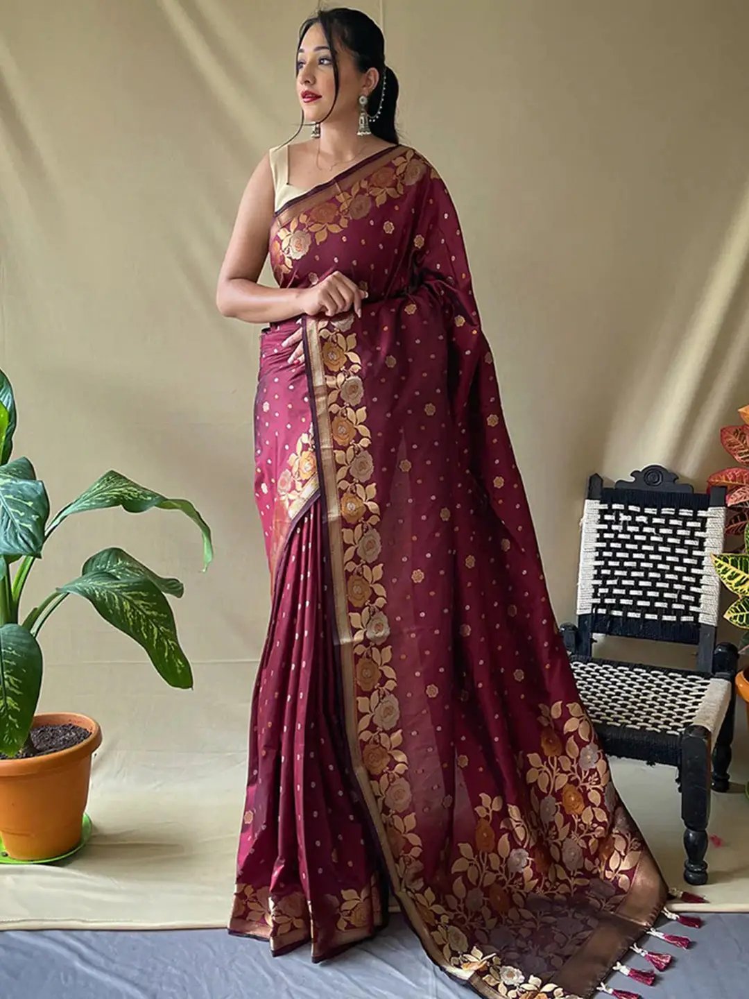 Wine Colour Banarasi Silk Zari Woven Saree