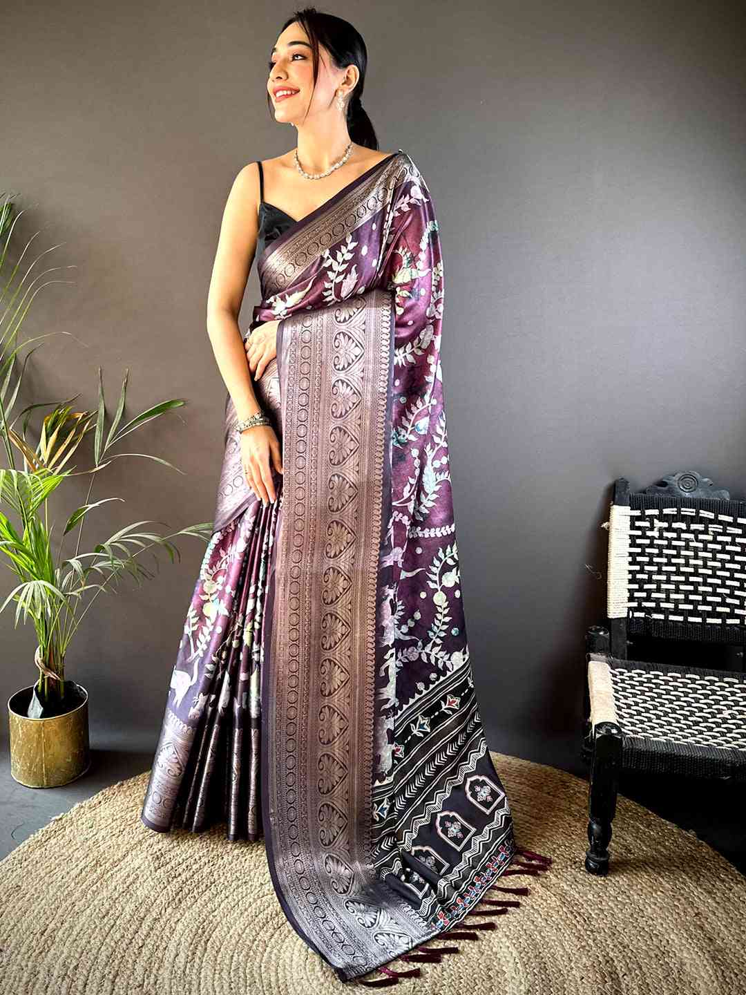 Lavender Floral Animal Batik Soft Silk Saree by My Store