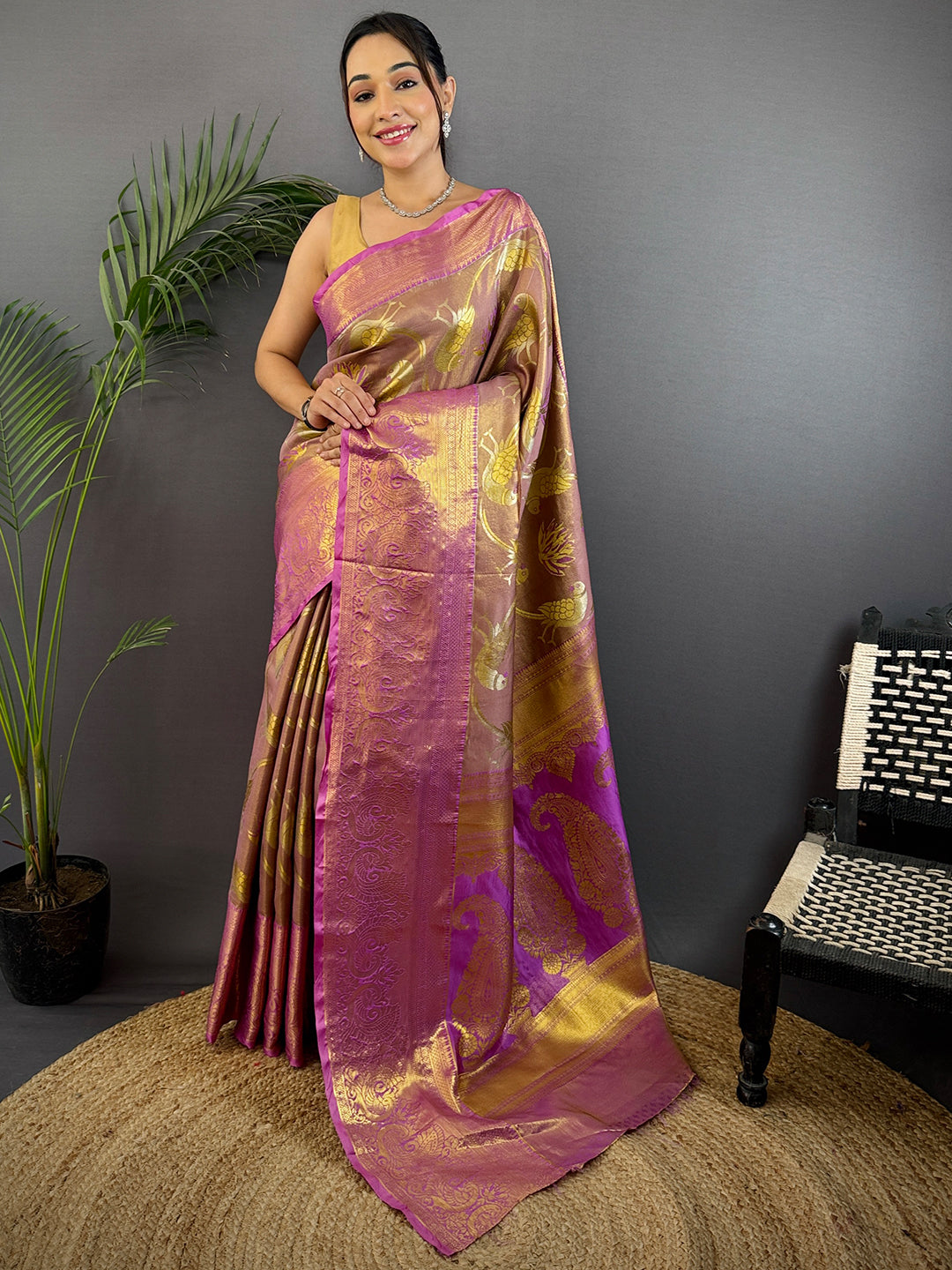 Light Wine Dharmavaram Gold Birds Print Saree by My Store