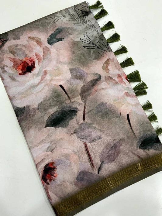 Grey Soft Silk Watercolor Floral Print Saree by My Store