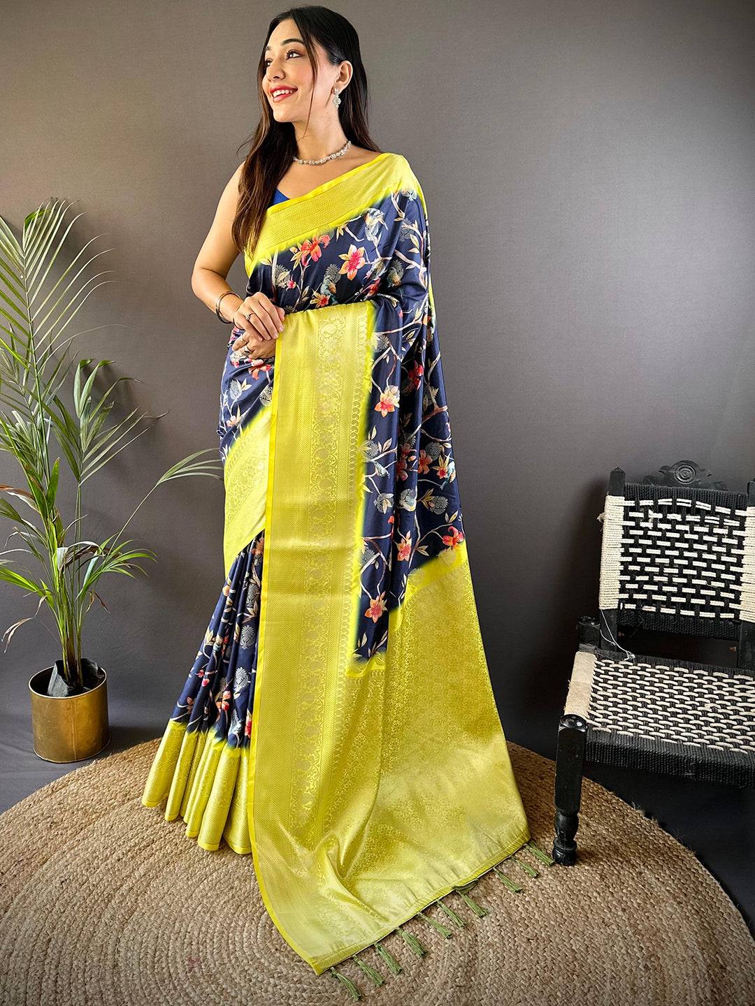 Navy Blue Floral Brids Print Saree by My Store