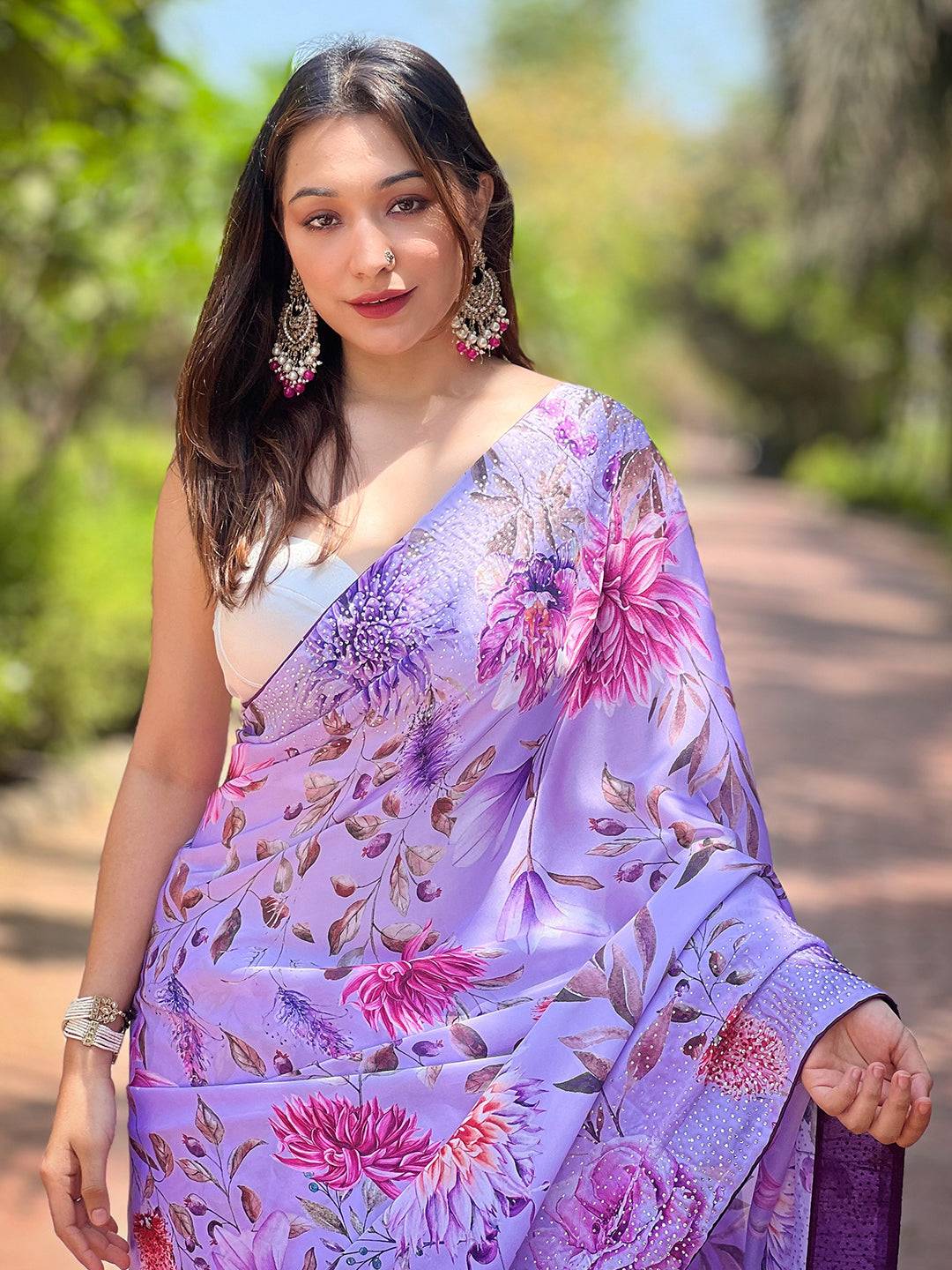 Satin Georgette Lavender Floral Digital Print Saree