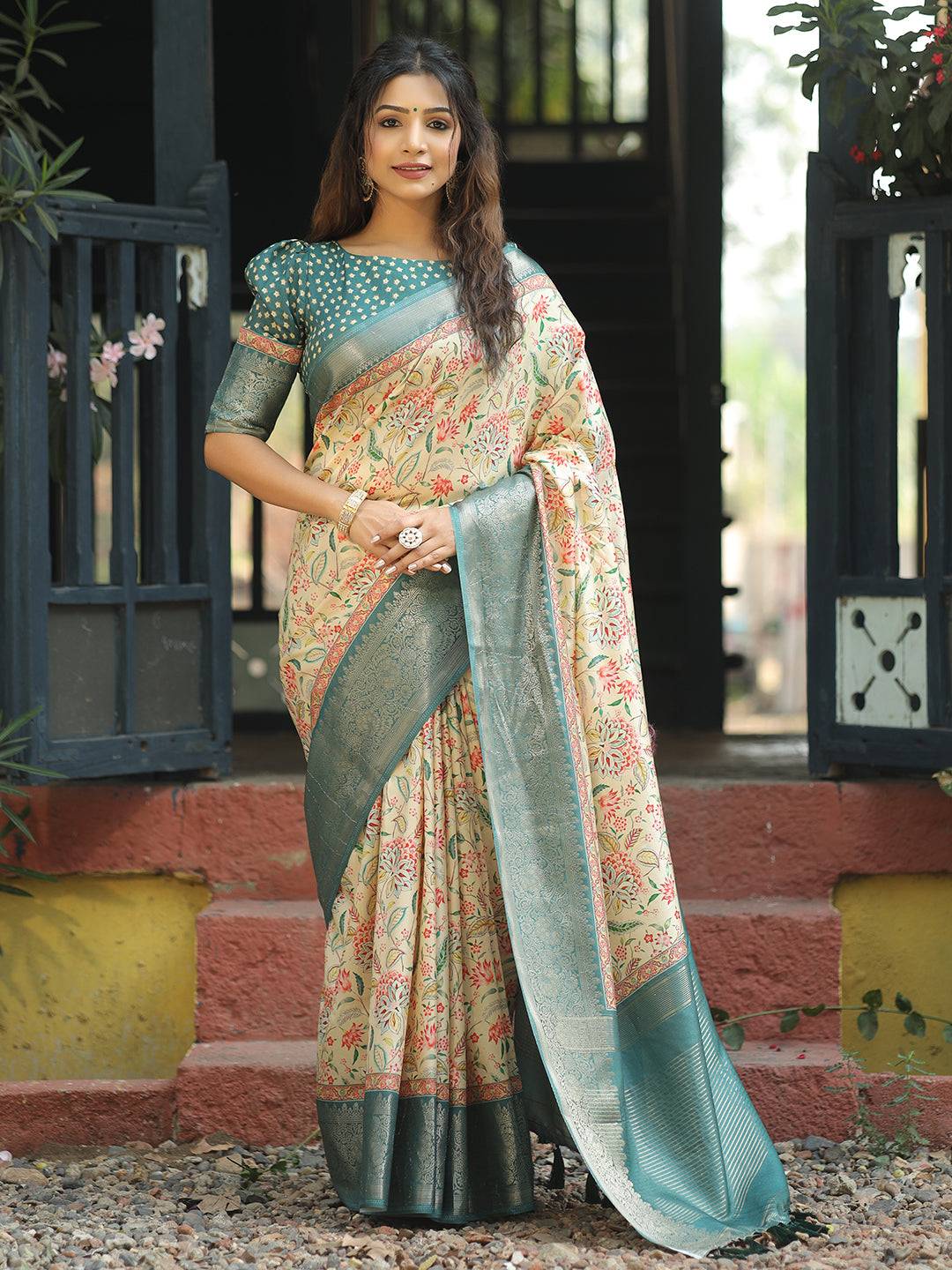 Cream Colour Phulkari Design Zari Weaving Pallu Saree - Luxe by My Store