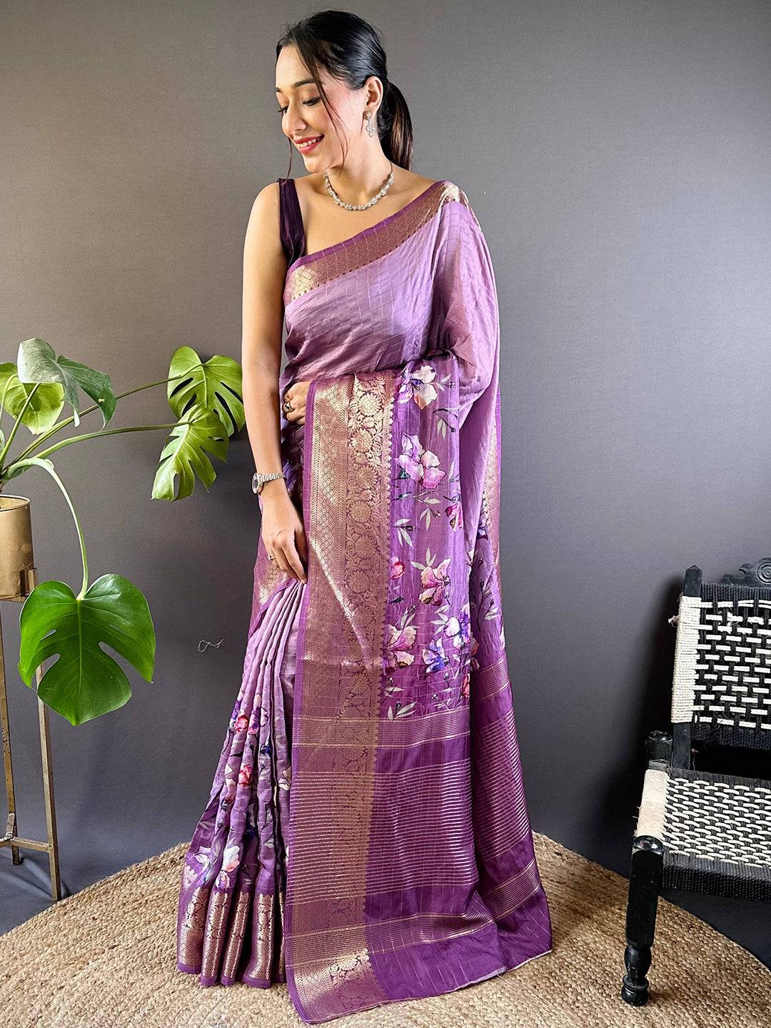 Lavender Floral Zari Chex Saree by My Store