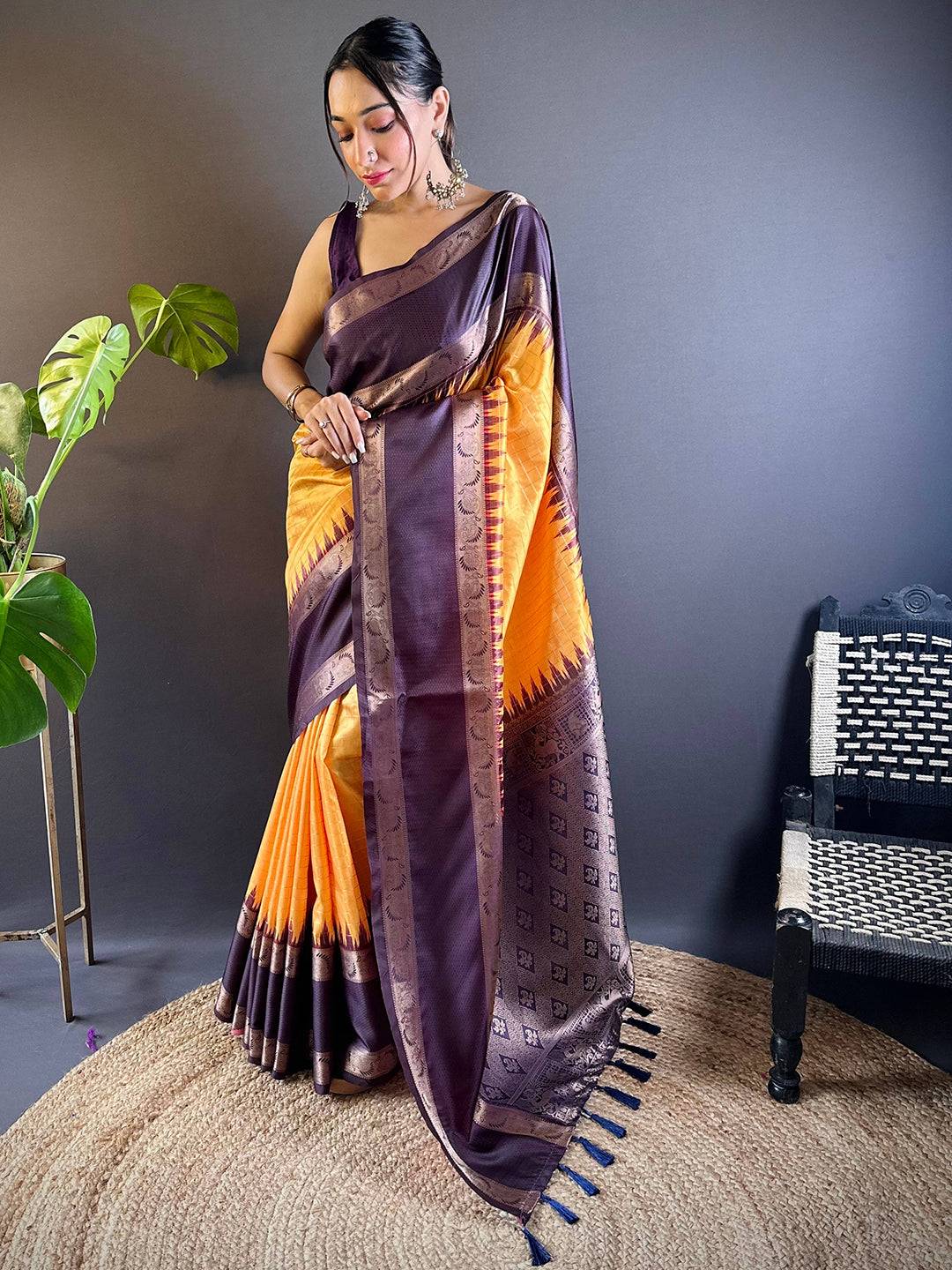 Yellow Rettapet Zari Chex Banarasi Silk Saree