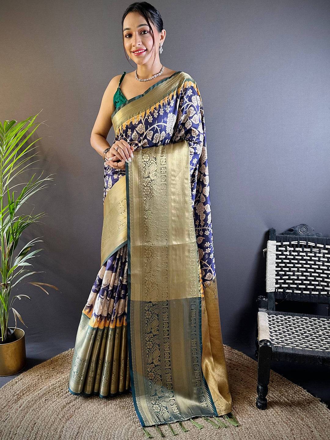 Intricate Ink Blue Banarasi Silk Saree by My Store