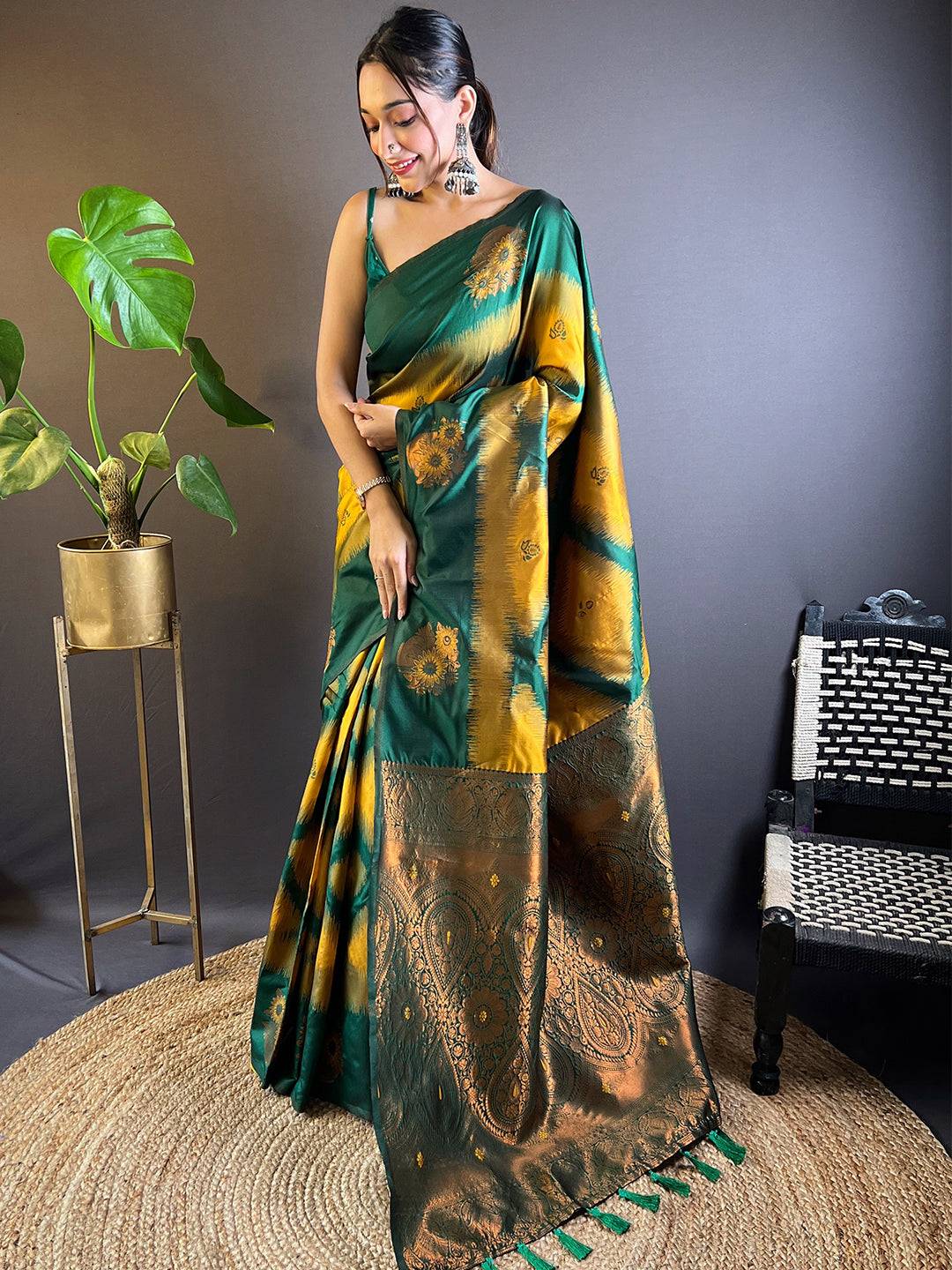 Mustard Tussar Silk Ikkat Weaving Saree by My Store