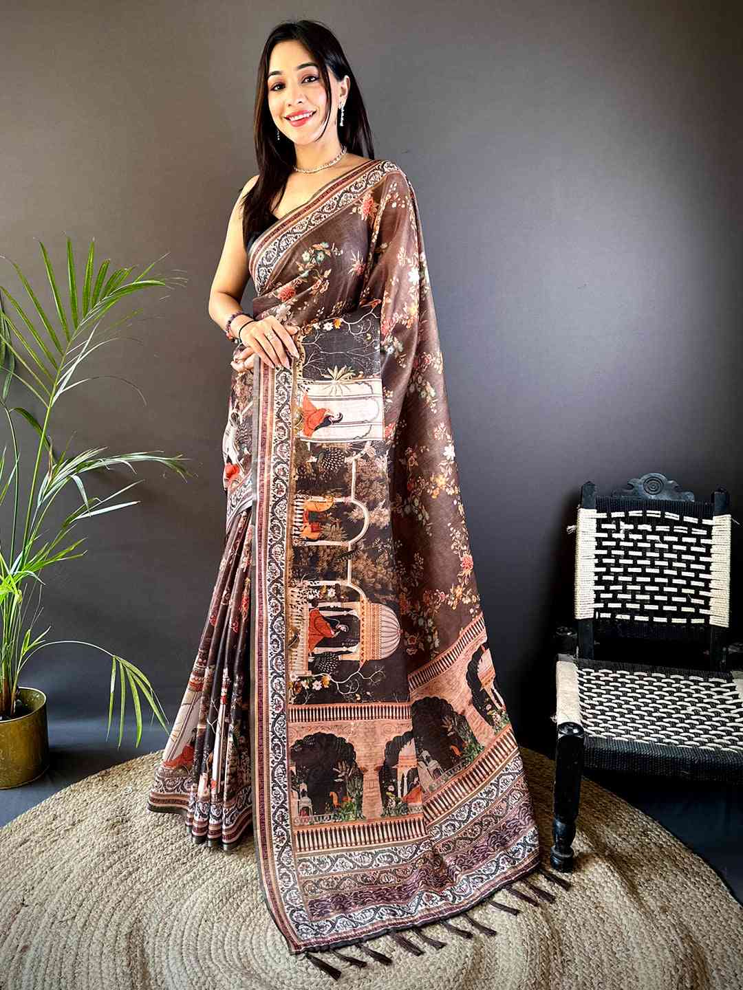 Coffee Brown Tissue Chanderi Kalamkari Handprint Saree by My Store