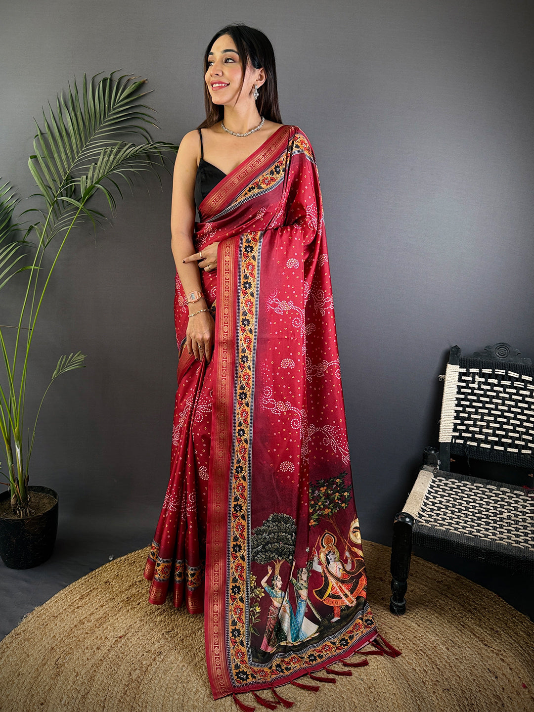 Red Bandhej Kalamkari Soft Silk Saree by My Store