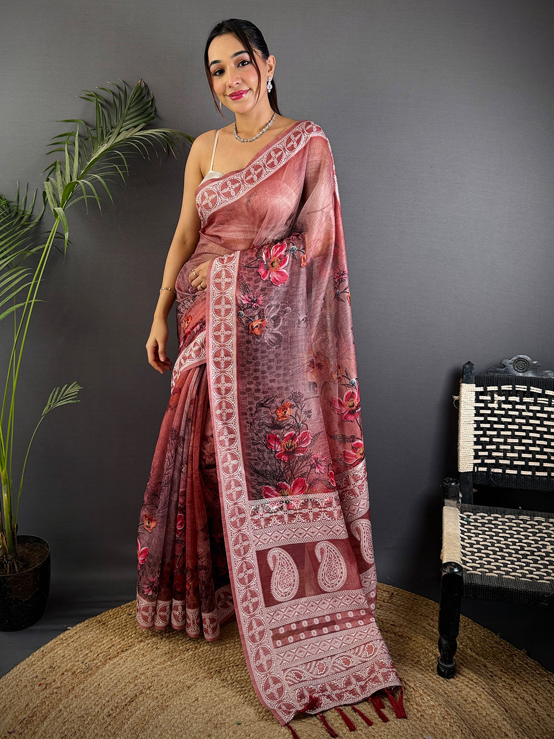 Maroon Lakhnavi Linen Digital Print Saree by My Store