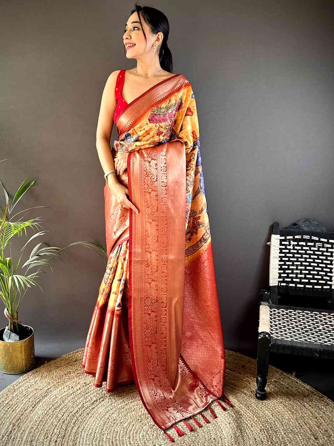 Mustard Ramayana Pen Kalamkari Printed Saree by My Store