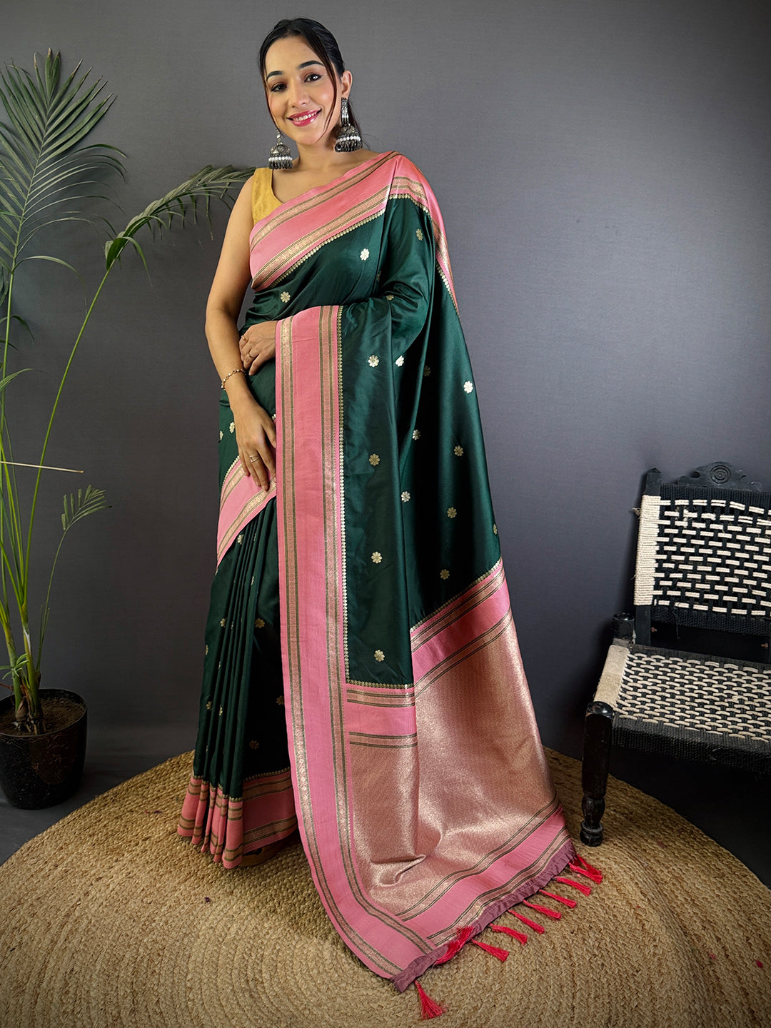 Bottle Green Soft Silk Floral Butta Saree by My Store