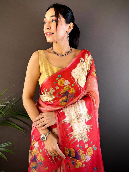 Red Chanderi Pichwai Print Saree by My Store