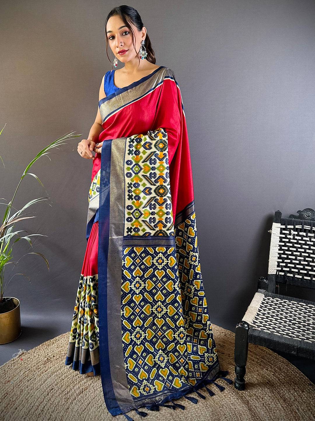 Red Patola Print Chanderi Saree by My Store