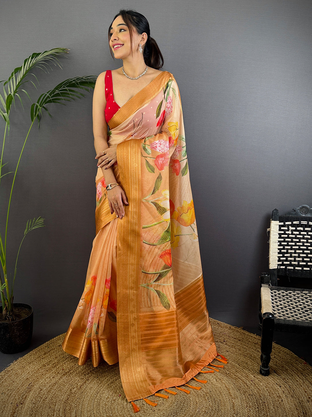 Orange Soft Organza Digital Print Saree by My Store