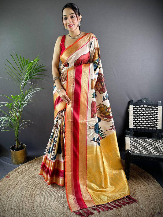 Show Stopper White Colour Soft Silk Kalamkari Saree by My Store