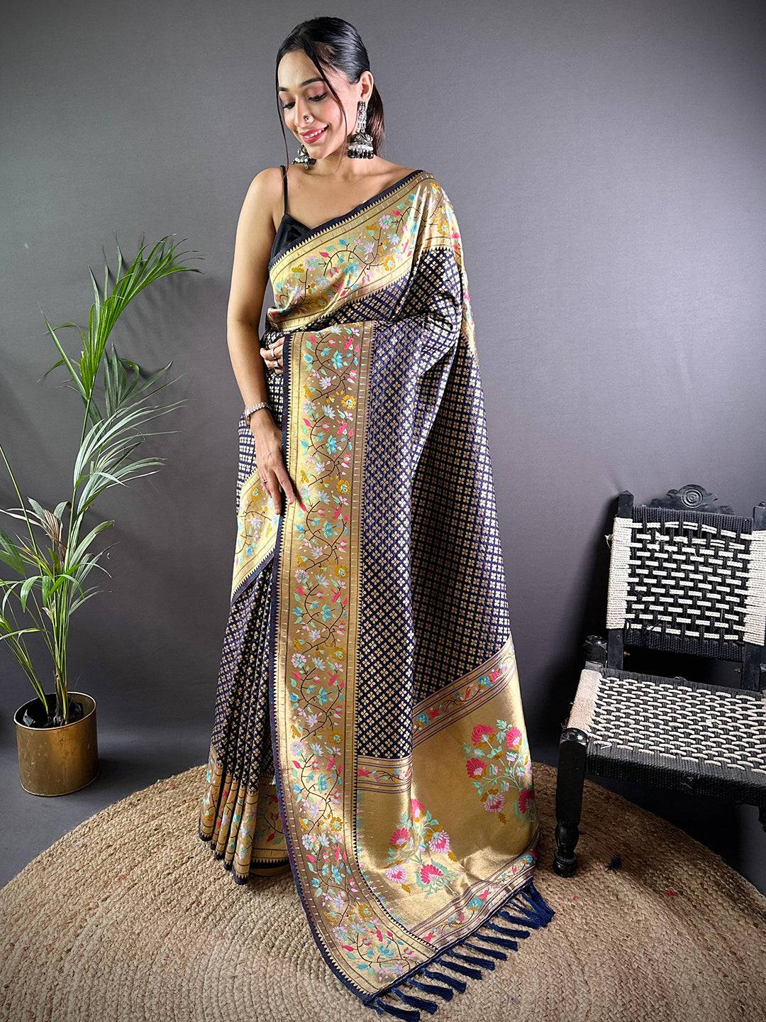 Navy Banarasi Mina Kari Katan Silk Saree by My Store