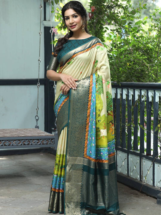 Pichwai Print Zari Weaving Pallu Saree In Pista Colour - Luxe by My Store