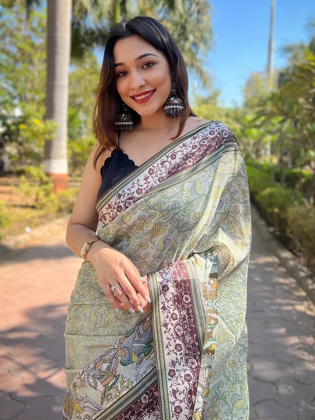 Satin Kota Doria Saree With Kalamkari Digital Print In Pista Colour