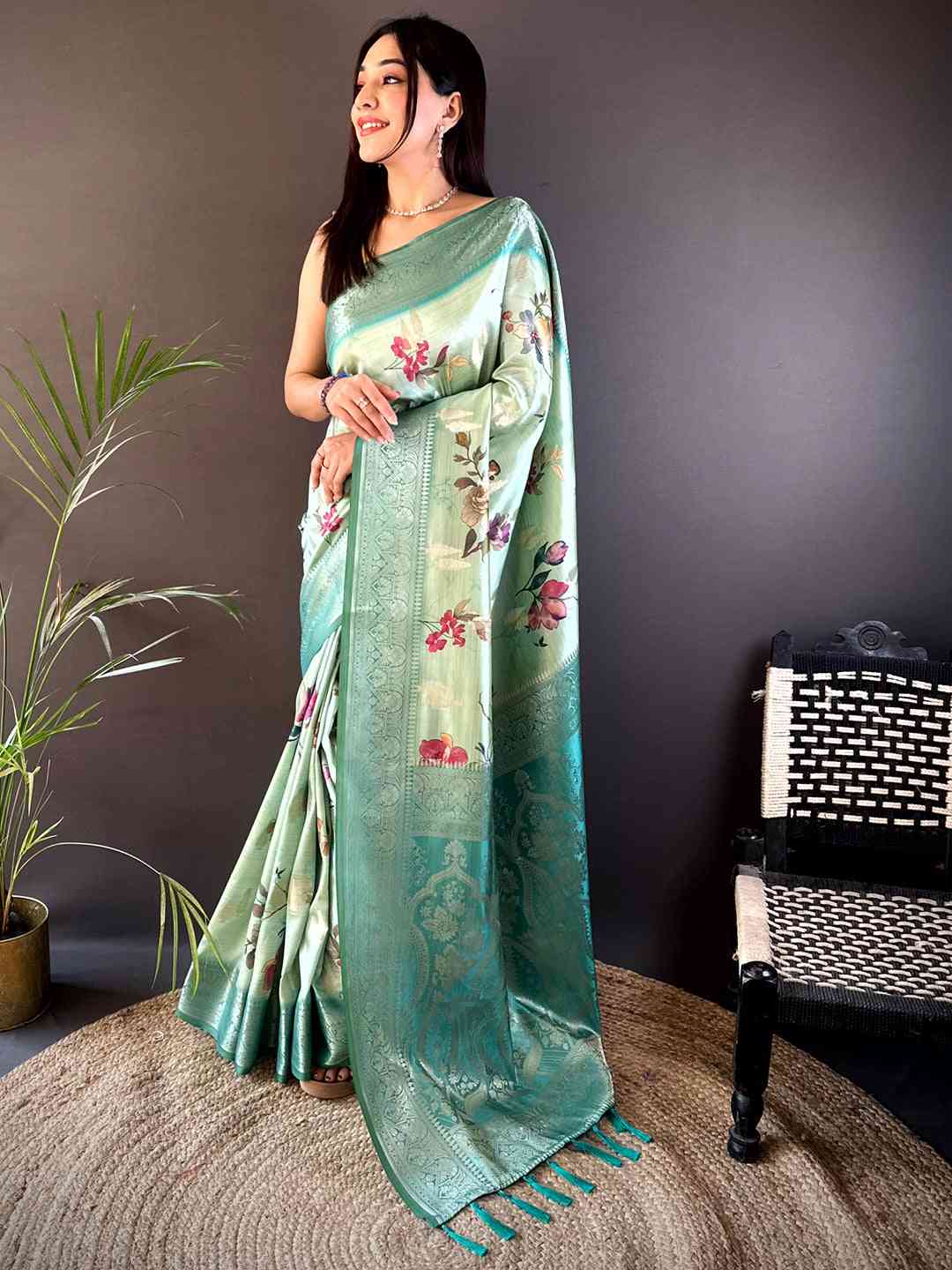 Mint Green Bamboo Silk Floral Saree by My Store