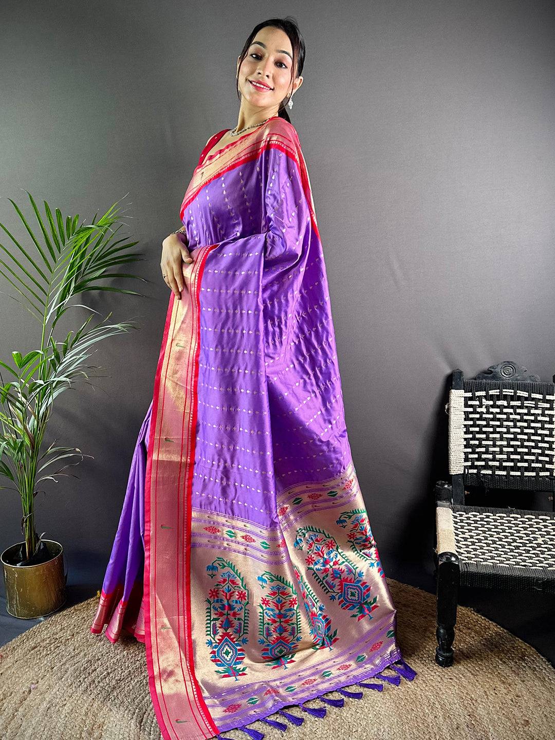 Lavender Soft Silk Yeola Paithani Saree by My Store