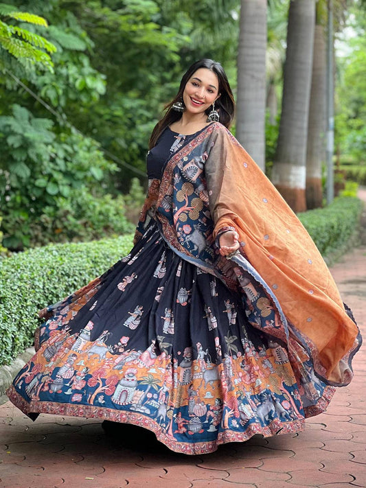 Raven Black Kalamkari Lehenga Set by My Store