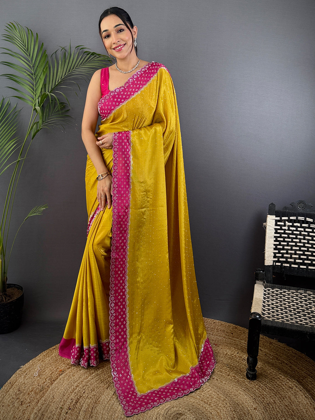 Mustard Poly Chiffon Diamond Swaroski Work Saree by My Store