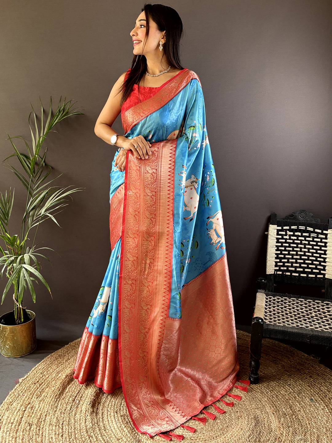 Blue Soft Silk Saree With Pichwai Kalamkari Print