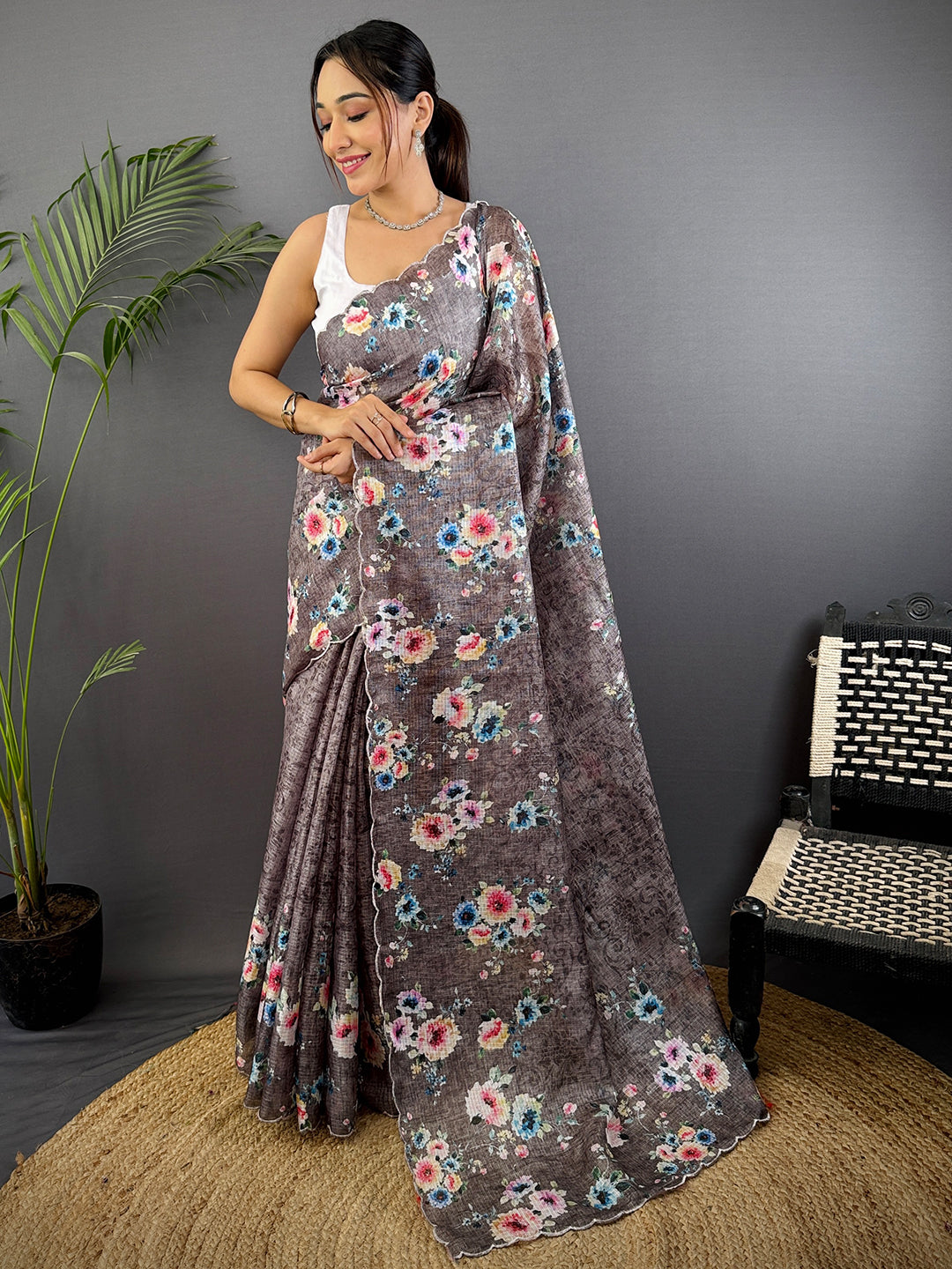 Charcoal Brown Kota Floral Digital Cut Work Saree by My Store
