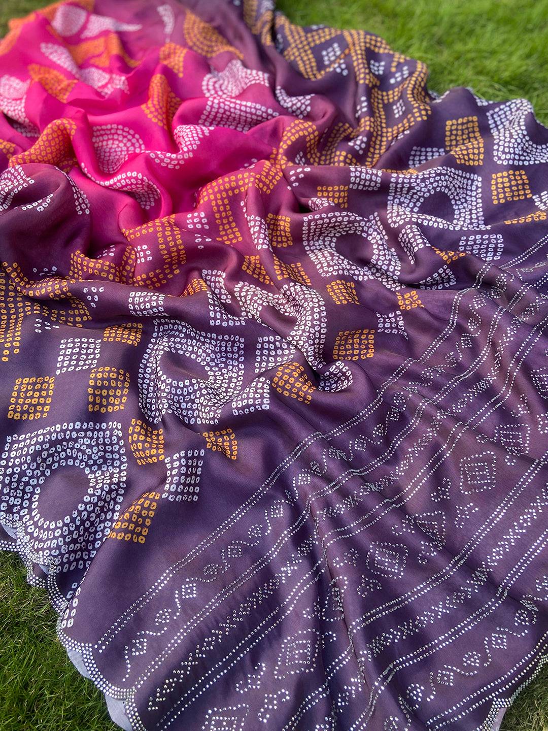 Magenta Georgette Silk Saree with Ombre Bandhej Print & Swaroski Stone Work by My Store