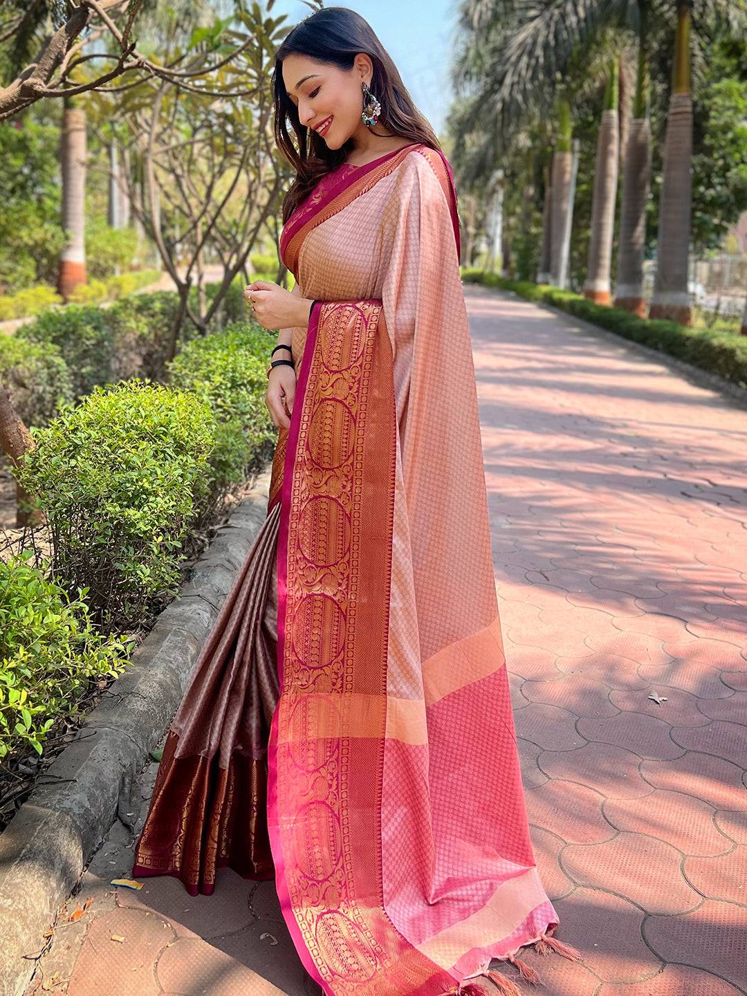 Brown Aura Soft Silk Saree With Kanjivaram Weaving Broced Zari Blouse by My Store