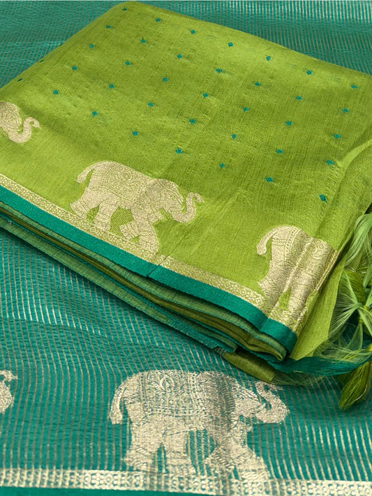 Green Pure Silk Bandhani Butti Saree by My Store