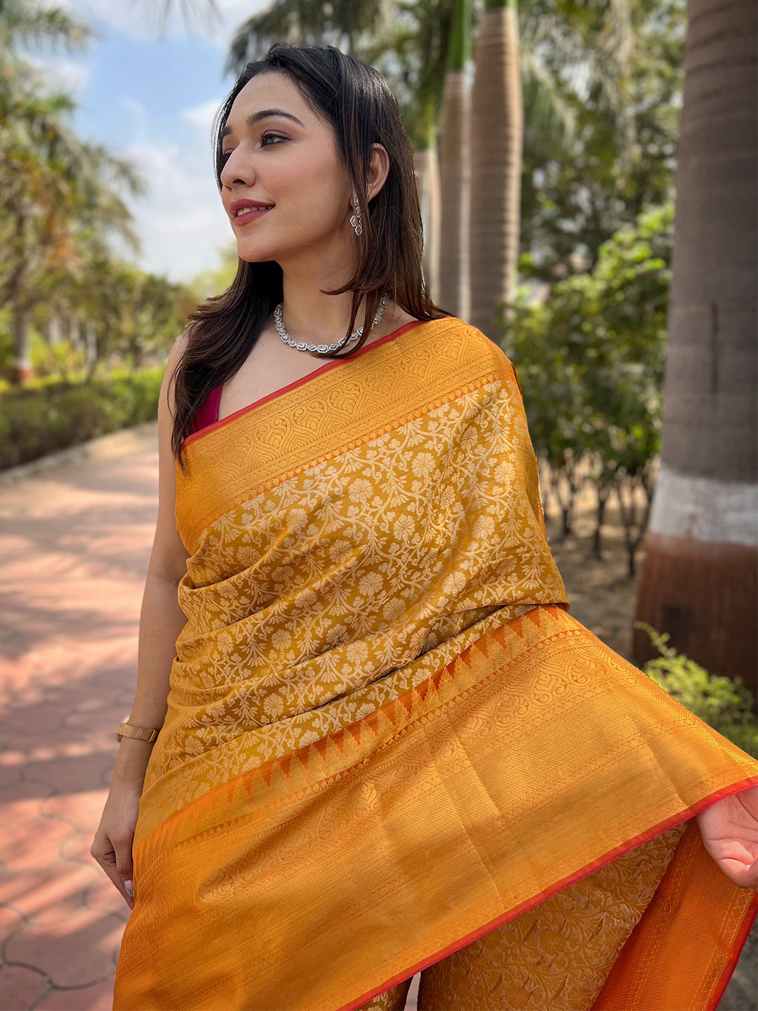 Yellow Colour One Gram Gold Tissue Saree With Jacquard Woven Work