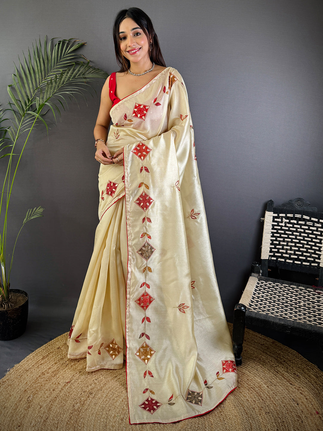 Cream Bandhej Patch Work Tissue Saree by My Store