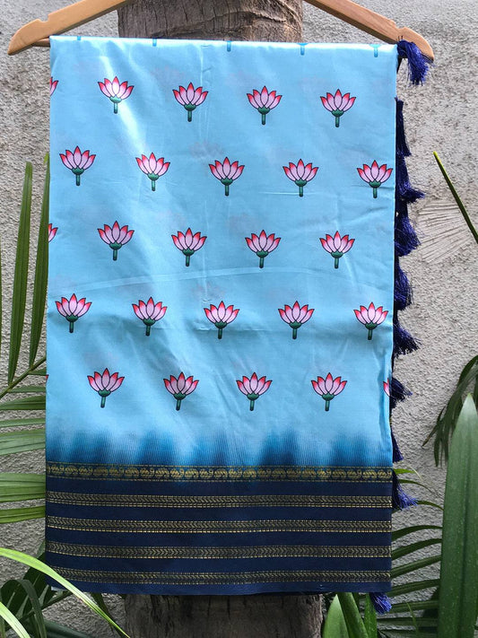 Dark Blue 2 Ton Lotus Print Saree by My Store