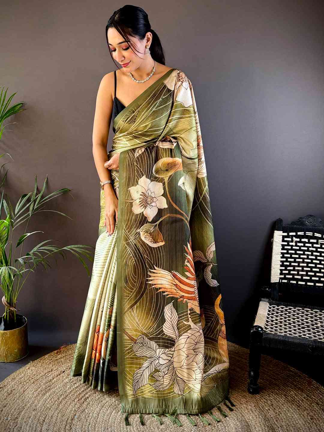 Olive Semi Zari Tussar Botanical Saree by My Store